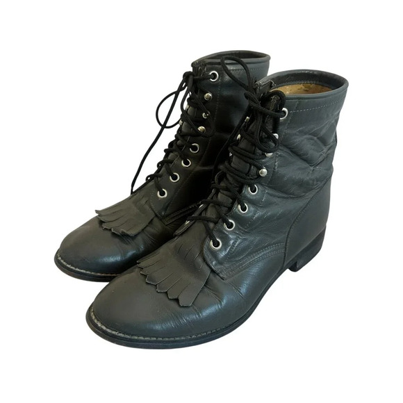 Justin 502Y Vintage Lace-Up Boots Mid-Calf Height Grey Leather Western Size 5 - Picture 1 of 10